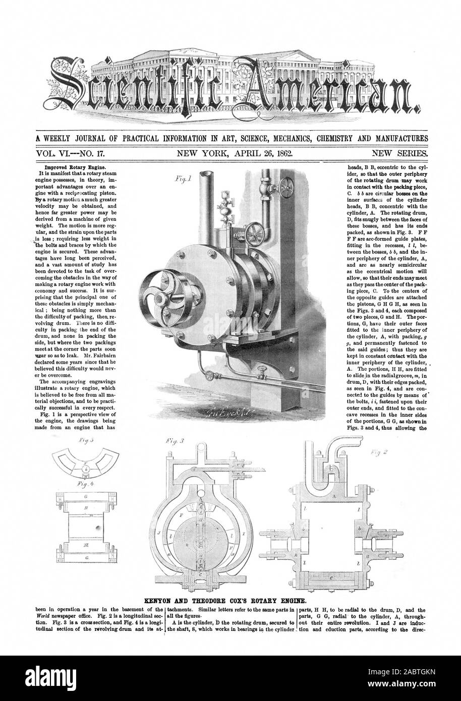 KENYON AND THEODORE COX'S ROTARY ENGINE., scientific american, 1862-04-26 Stock Photo