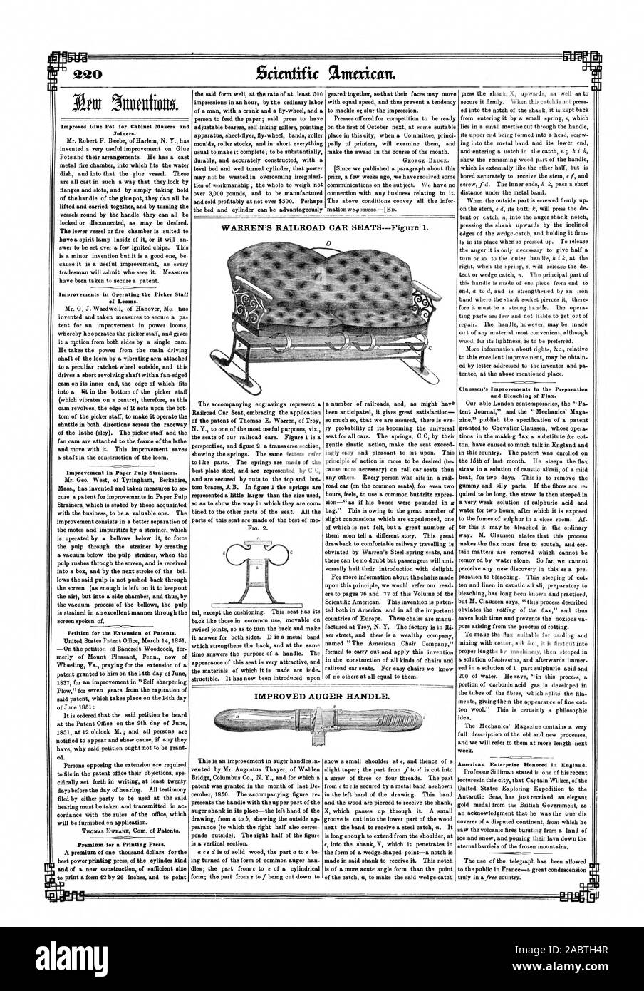 Improved Glue Pot for Cabinet Makers and Joiners. of Looms. Petition for the Extension of Patents. Premium for a Printing Press. and Bleaching of Flax. WARREN'S RAILROAD CAR SEATS—Figure 1. IMPROVED AUGER HANDLE. I. .21 eeo, scientific american, 1851-03-29 Stock Photo