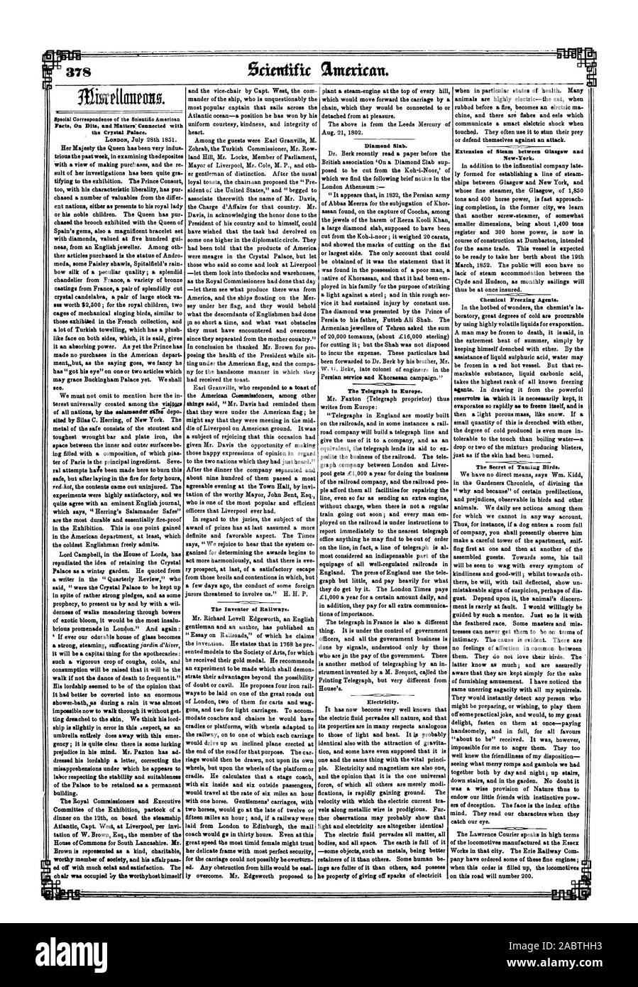 mind. They read our characters when they catch our eye. The Lawrence Courier speaks in high terms of the locomotives manufactured at the Essex Works in that city. The Erie Railway Com pany have ordered some of these fine engines ; when this order is filled up the locomotives on this road will number 200., scientific american, 1851-08-16 Stock Photo