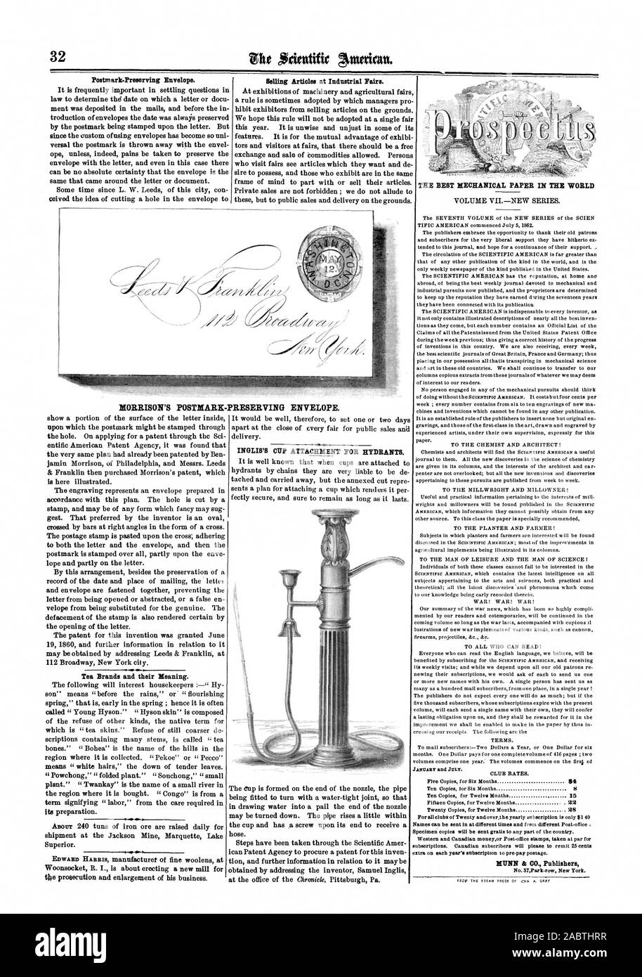 Selling Articles at Industrial Fairs. THE BEST MECHANICAL PAPER IN THE WORLD Postmark-Preserving Envelope. MORRISON'S POSTMARK-PRESERVING ENVELOPE. Tea Brands and their Meaning. INGLIS'S CUP ATTACHMENT FOR HYDRANTS., scientific american, 1862-07-12 Stock Photo
