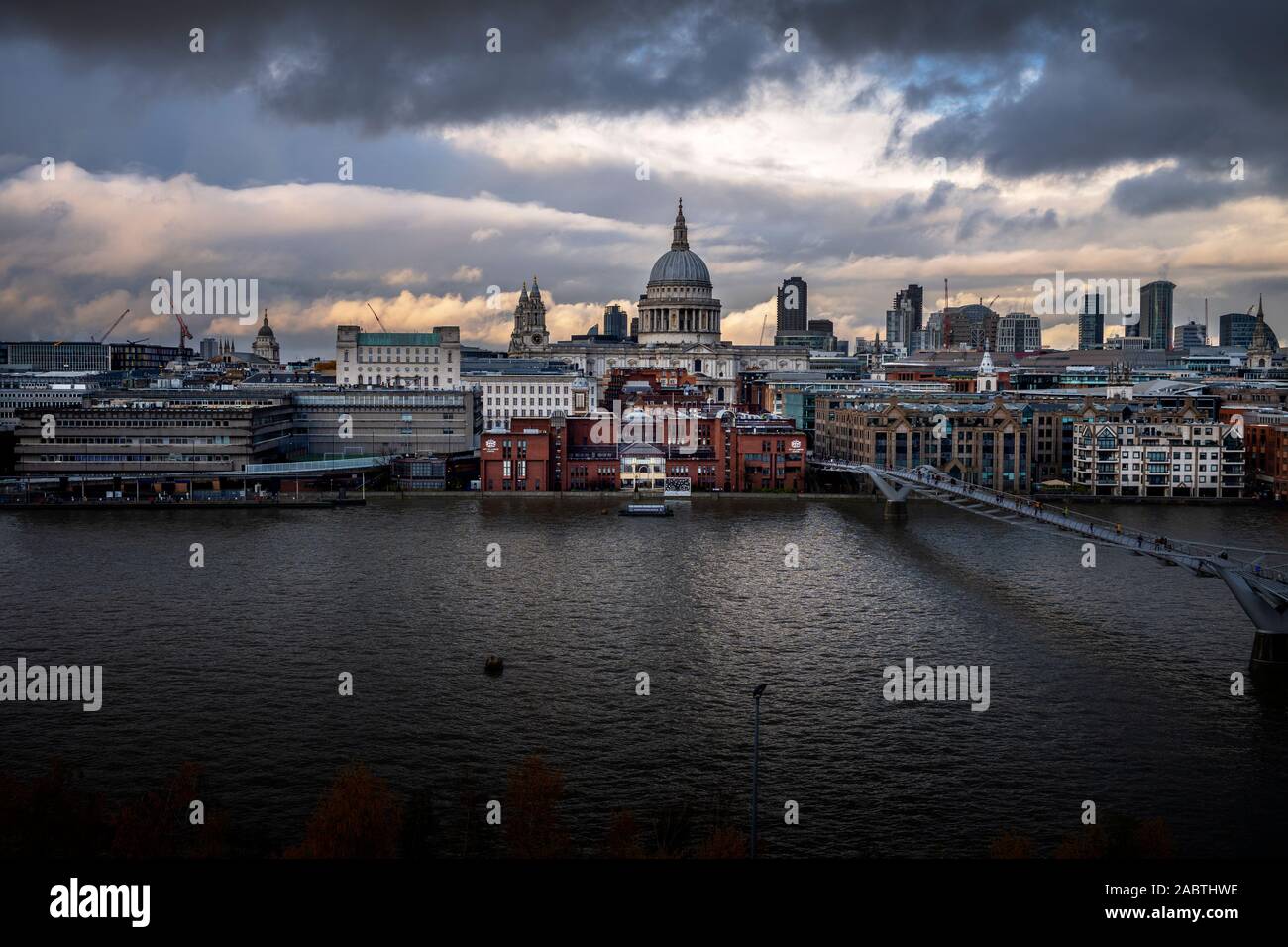 London England UK. City Panorama viewed from the Tate Modern looking across the River Thames to St Pauls Cathedral by Sir Christpher Wren. 27 November Stock Photo