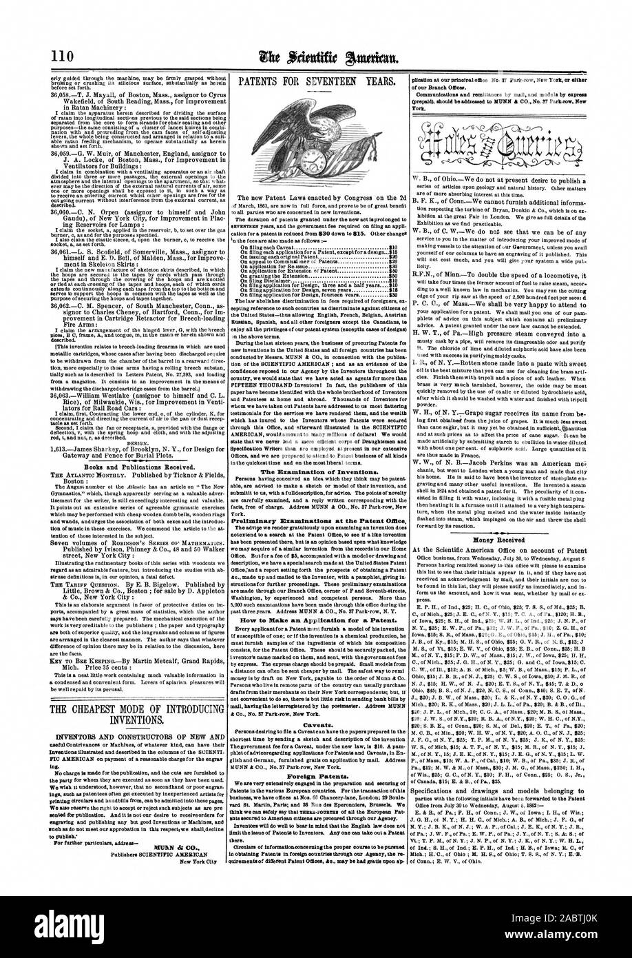 The Examination of Inventions. Preliminary Examinations at the Patent Office. flow to Make an Application for a Patent. Caveats. Foreign Patents., scientific american, 1862-08-16 Stock Photo