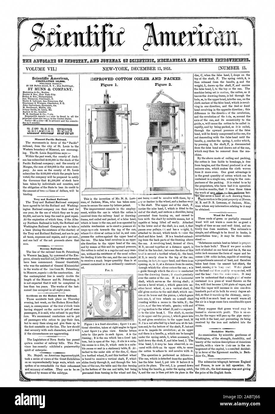 IMPROVED COTTON COILER AND PACKER. THE Scientific American PUBLISHED WEEKLY BY MUNN & COMPANY. Missouri Pacific Railroad. Troy and Rutland Railroad. Russian Railroads. Accidents on the Hudson River Railroad. Wood for Fuel. TOM. Berkshire Marble., 1851-12-13 Stock Photo