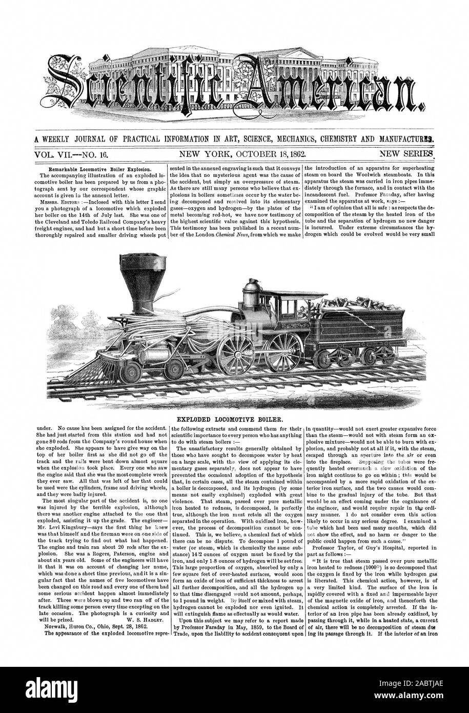 EXPLODED LOCOMOTIVE BOILER., scientific american, 1862-10-18 Stock Photo