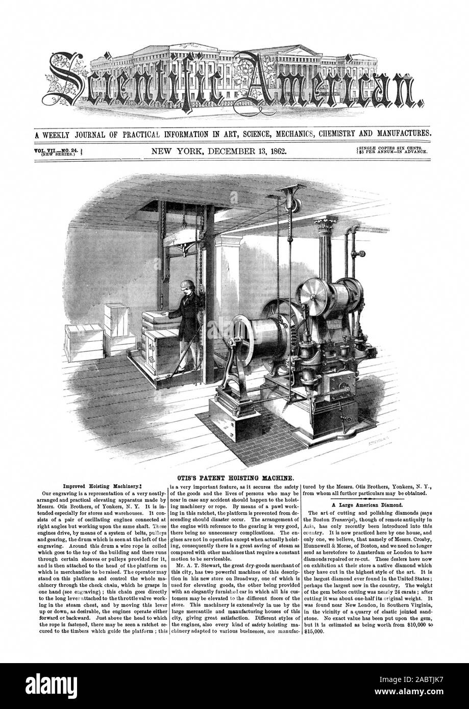 OTIS'S PATENT HOISTING MACHINE., scientific american, 1862-12-13 Stock Photo
