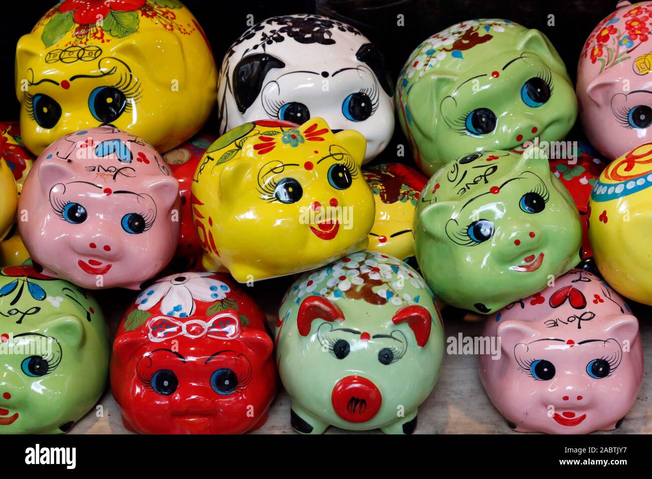Piggy banks for the chinese year of the pig.  Hanoi. Vietnam. Stock Photo