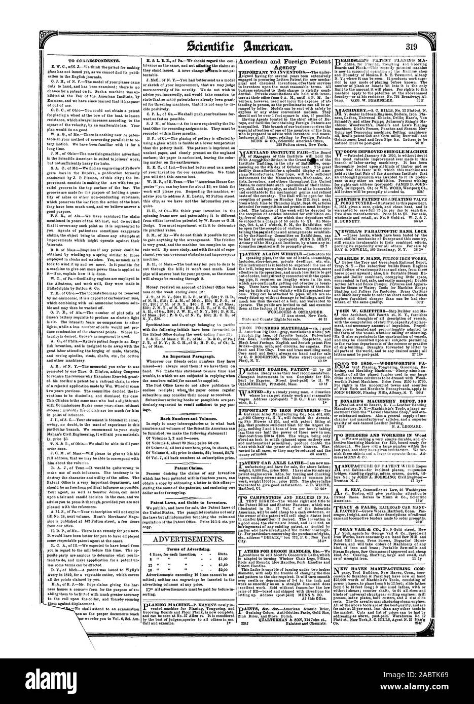 To Correspondents An Important Paragraph Back Numbers And Volumes Patent Claims Patent Laws And Guide To Inventors Terms Of Advertising American And Foreign Patent Agency R Tmportant To Iron Foundries The Txtood S Improved