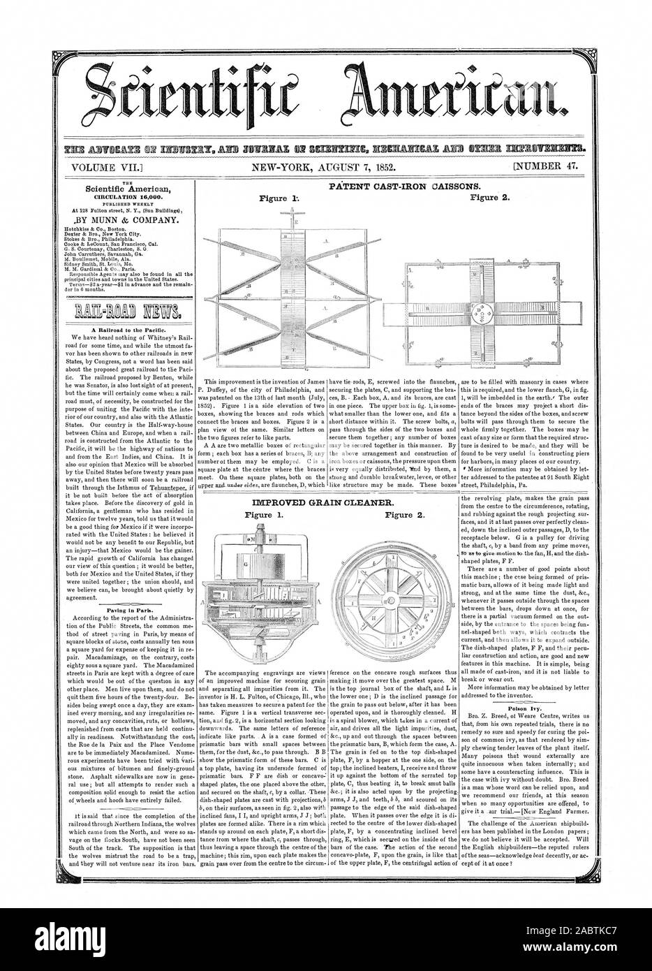 PATENT CAST-IRON CAISSONS. Figure 2. THE Scientific Americaxt CIRCULATION 16000. PUBLISHED WEEKLY BY MUNN & COMPANY. ¢5700. Paving in Paris. Poison Ivy. Figure IMPROVED GRAIN CLEANER., scientific american, 1852-08-07 Stock Photo