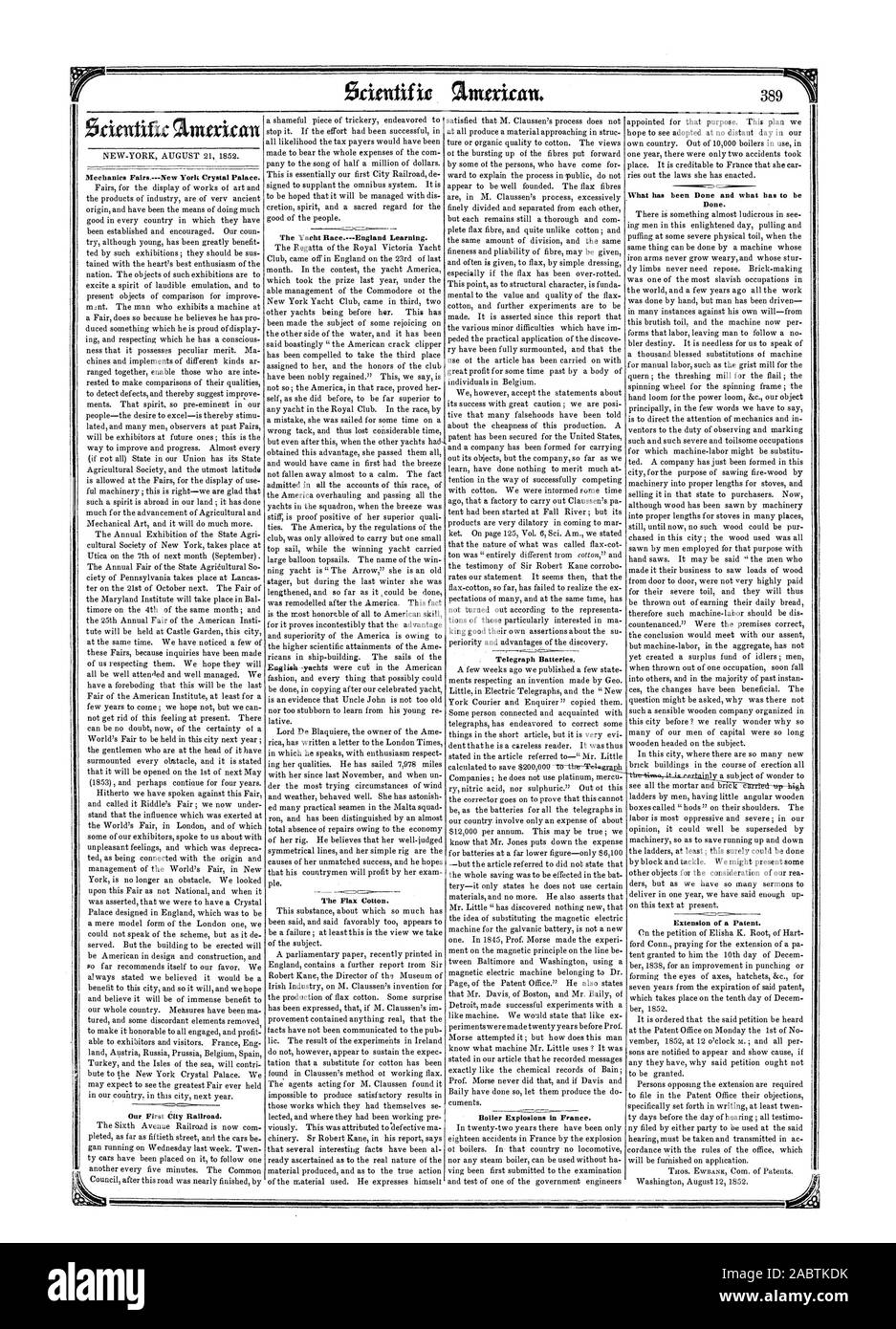 Mechanics Fairs. New York Crystal Palace. Our First City Railroad. The Yacht Race.England Learning. The Flax Cotton. Telegraph Batteries. Boiler Explosions in France. Done. Extension of a Patent., scientific american, 1852-08-21 Stock Photo