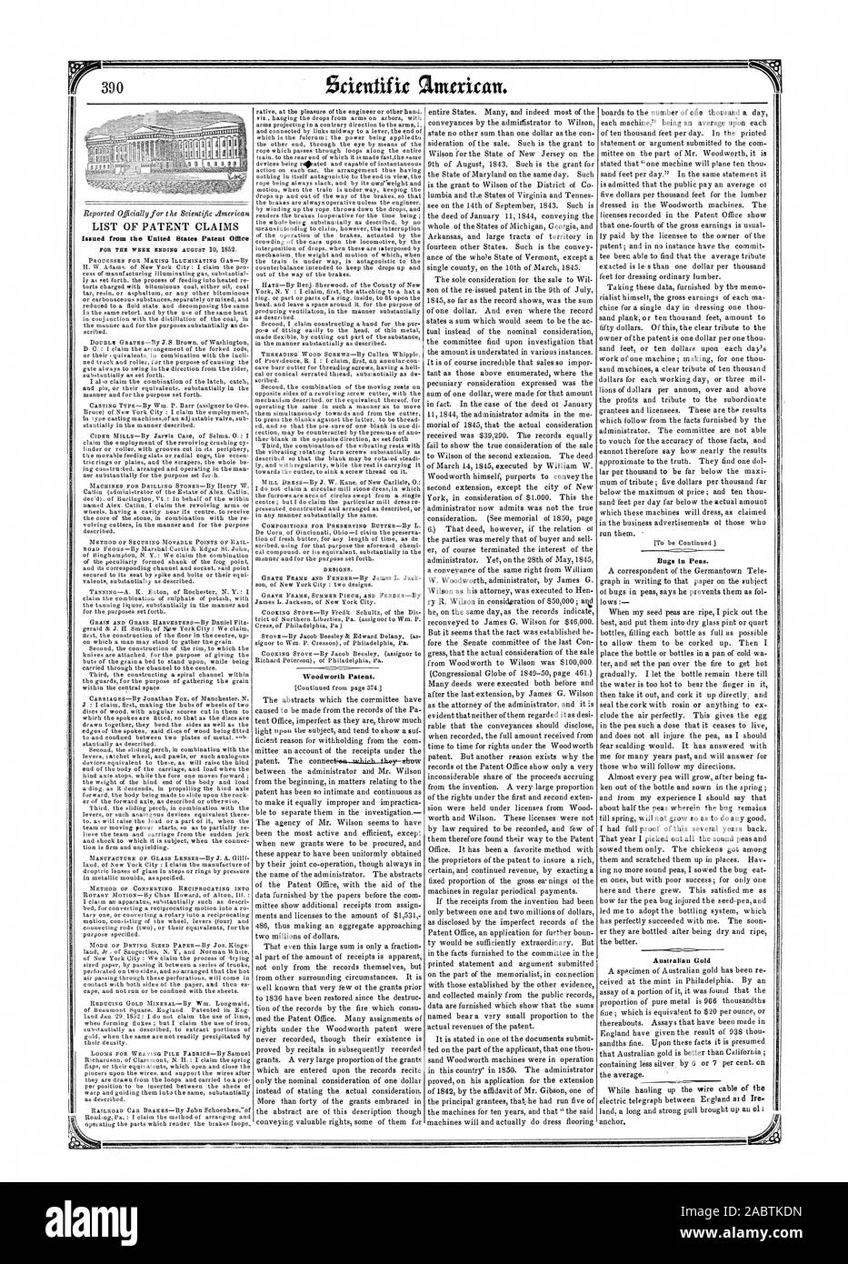 390 Issued from the United States Patent Office Woodworth Patent. each machine' being an average nil:on each of ten thousand feet per day. In the printed statement or argument submitted to the com mittee on the part of Mr. Woodworth it is stated that 'one machine will plane ten thou is admitted that the public pay an average ot five dollars per thousand feet for the lumber Bugs In Peas. Australian Gold, scientific american, 1852-08-21 Stock Photo