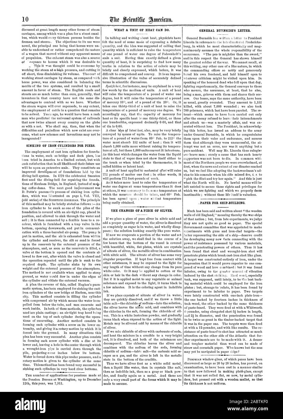 SINKING OF IRON CYLINDERS FOR PIERS. WHAT A UNIT OF HEAT CAN DO. THE CHANGES OF A PIECE OF SILVER. GENERAL BURNSIDE'S LETTER. PAPER FOR SHIP-BUILDING., scientific american, 1863-01-03 Stock Photo