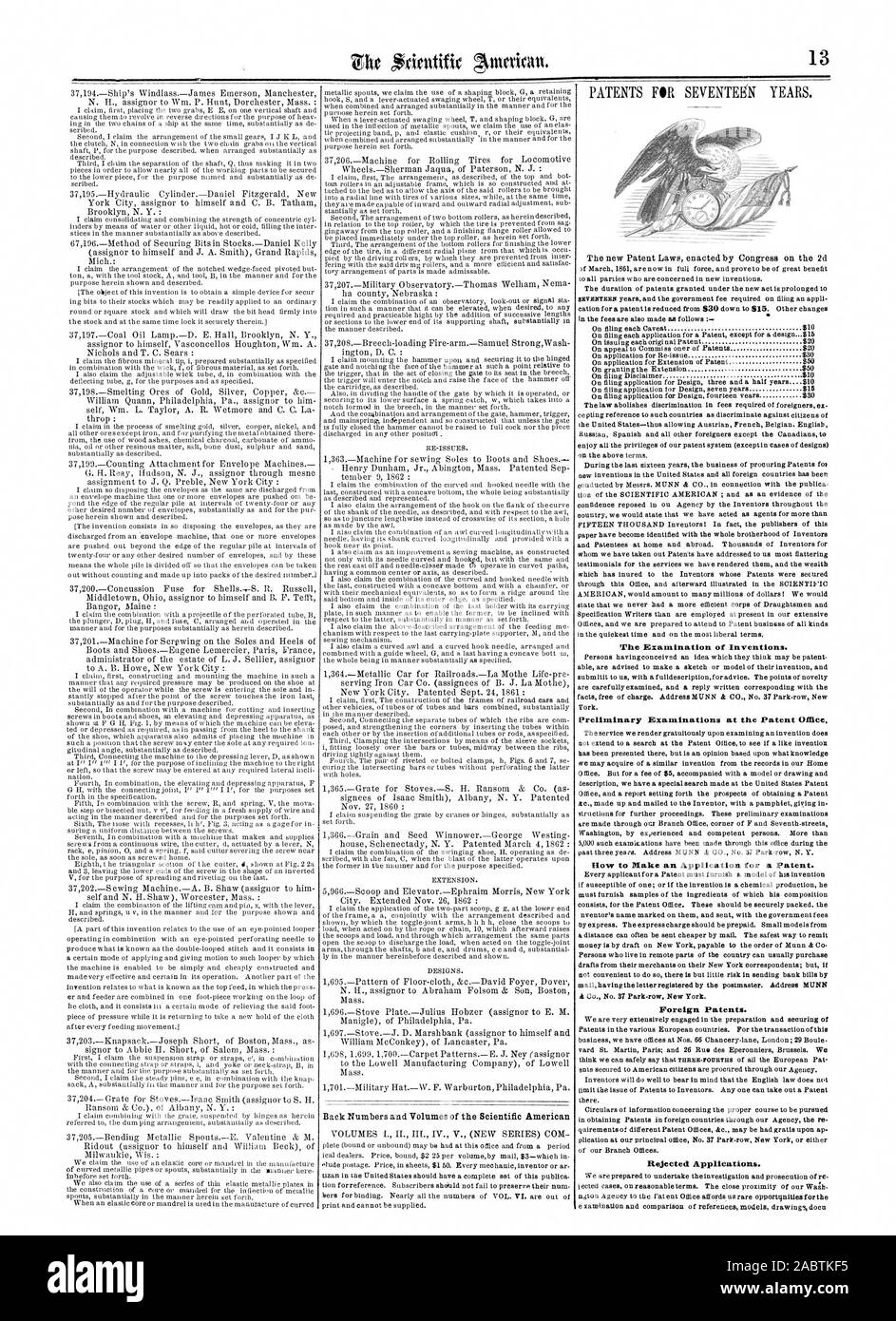 The Examination of Inventions. Preliminary Examinations at the Patent °Bice. Row to Make an Application for a Patent. Foreign Patents. Rejected Applications., scientific american, 1863-01-03 Stock Photo