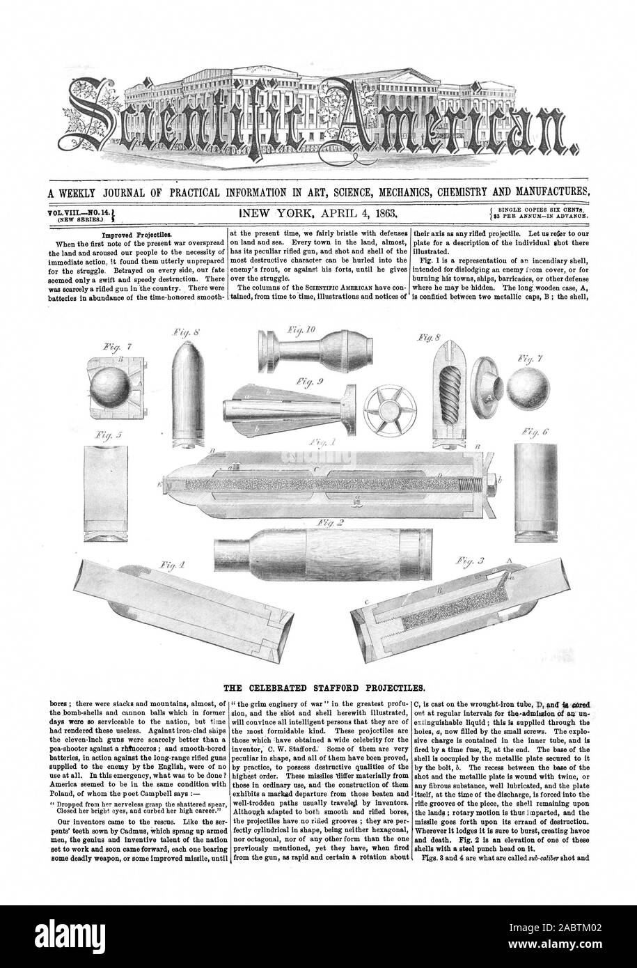 A WEEKLY JOURNAL OF PRACTICAL INFORMATION IN ART SCIENCE MECHANICS CHEMISTRY AND MANUFACTURES V OL.VIIIN0.14. t THE CELEBRATED STAFFORD PROJECTILES. from the gun as rapid and certain a rotation about shells with a steel punch head on it., scientific american, 1863-04-04 Stock Photo