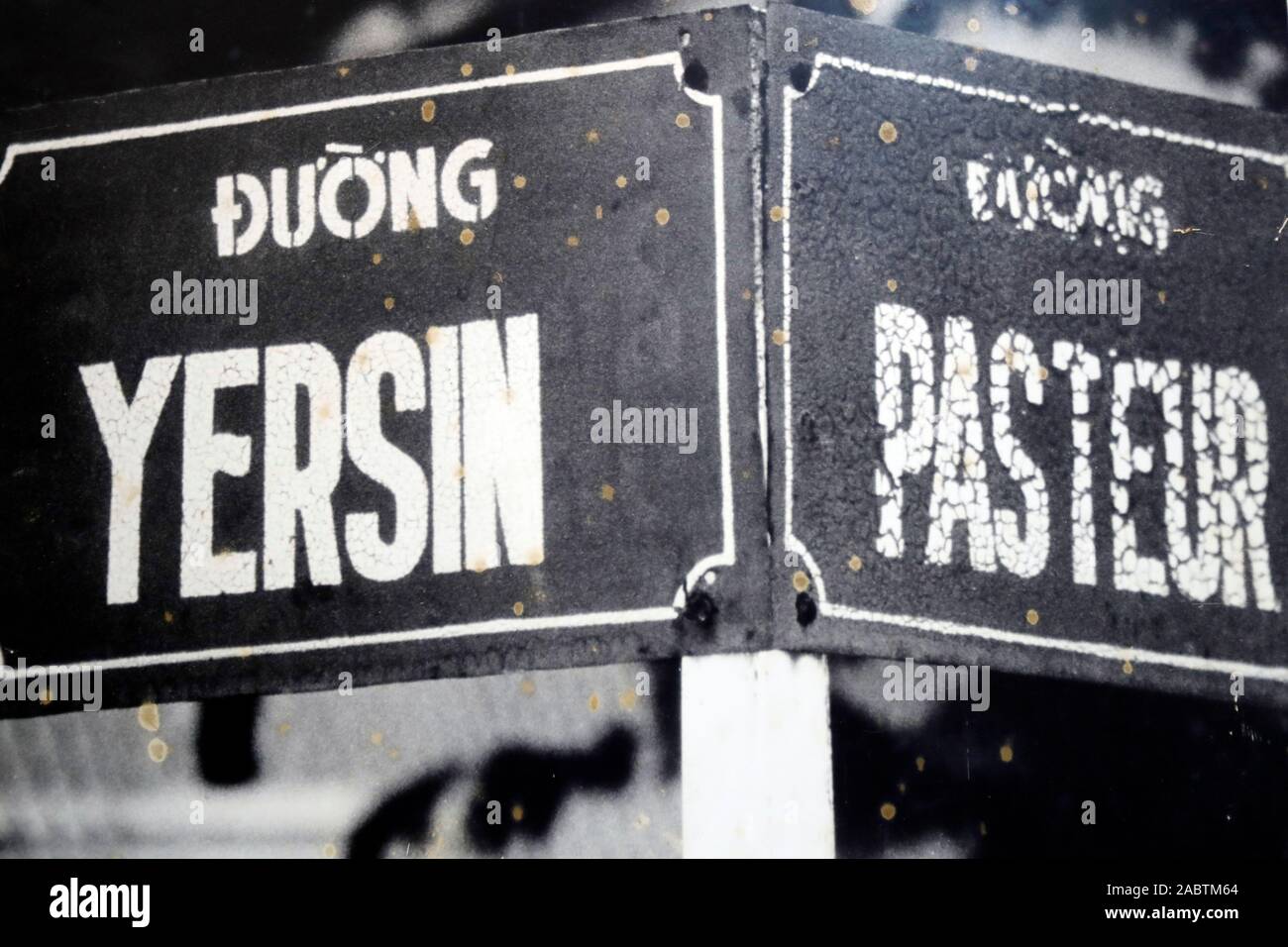 Pasteur and Yersin streets. Old signs.  Nha Trang. Vietnam. Stock Photo