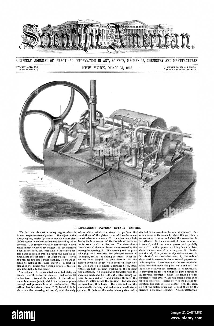 CHRISTENSEN'S PATENT ROTARY ENGINE., scientific american, 1863-05-23 Stock Photo