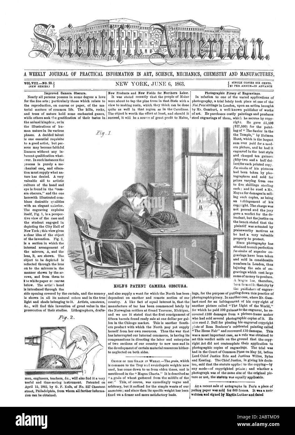A WEEKLY JOURNAL OF PRACTICAL INFORMATION IN ART SCIENCE MECHANICS  CIIEMISTRY AND MANUFACTURES KOLB'S PATENT CAMERA OBSCURA., scientific  american, 1863-06-06 Stock Photo - Alamy