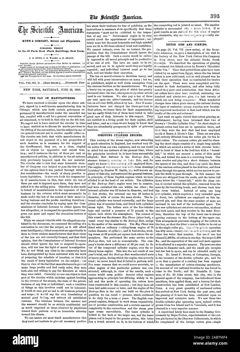 COMPOUND CYLINDER ENGINES. At No.37 Park Row (Park Building). New York THE TAX ON MANUFACTURERS. COTTON GINS AND GINNING., scientific american, 1863-06-20 Stock Photo