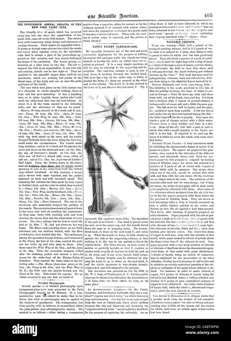 THE FOURTEENTH ANNUAL REGATTA OF THE NEW YORK YACHT CLUB. LANE'S PATENT CARRIAGE-JACK. VALUABLE RECEIPTS., scientific american, 1863-06-27 Stock Photo