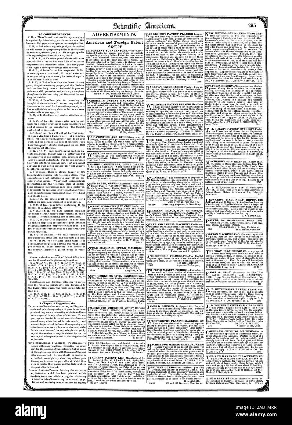 TO CORRESPONDENTS. A Chapter of Suggestions dro. AD American and Foreign Patent Agency j EONARD'S MACHINERY DEPOT 109 MHE NEW HAVEN MANUFACTURING CO. lATOODBURY'S PATENT PLANING Machine., scientific american, 1853-05-28 Stock Photo