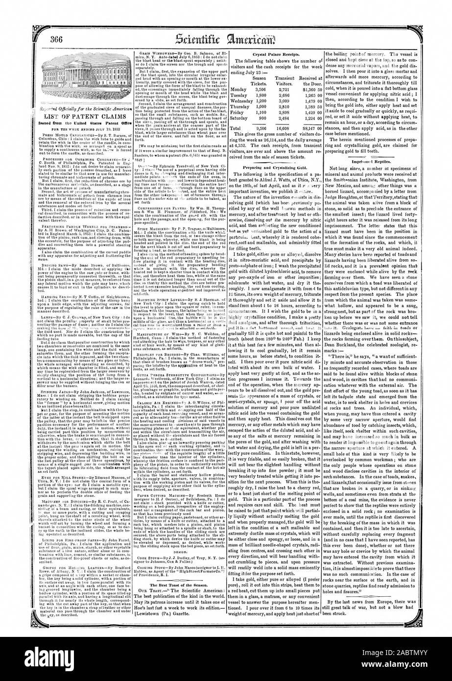The Best Toast of the season. Preparing and Crystalizing Gold. Crystal Palace Receipts., scientific american, 1853-07-30 Stock Photo