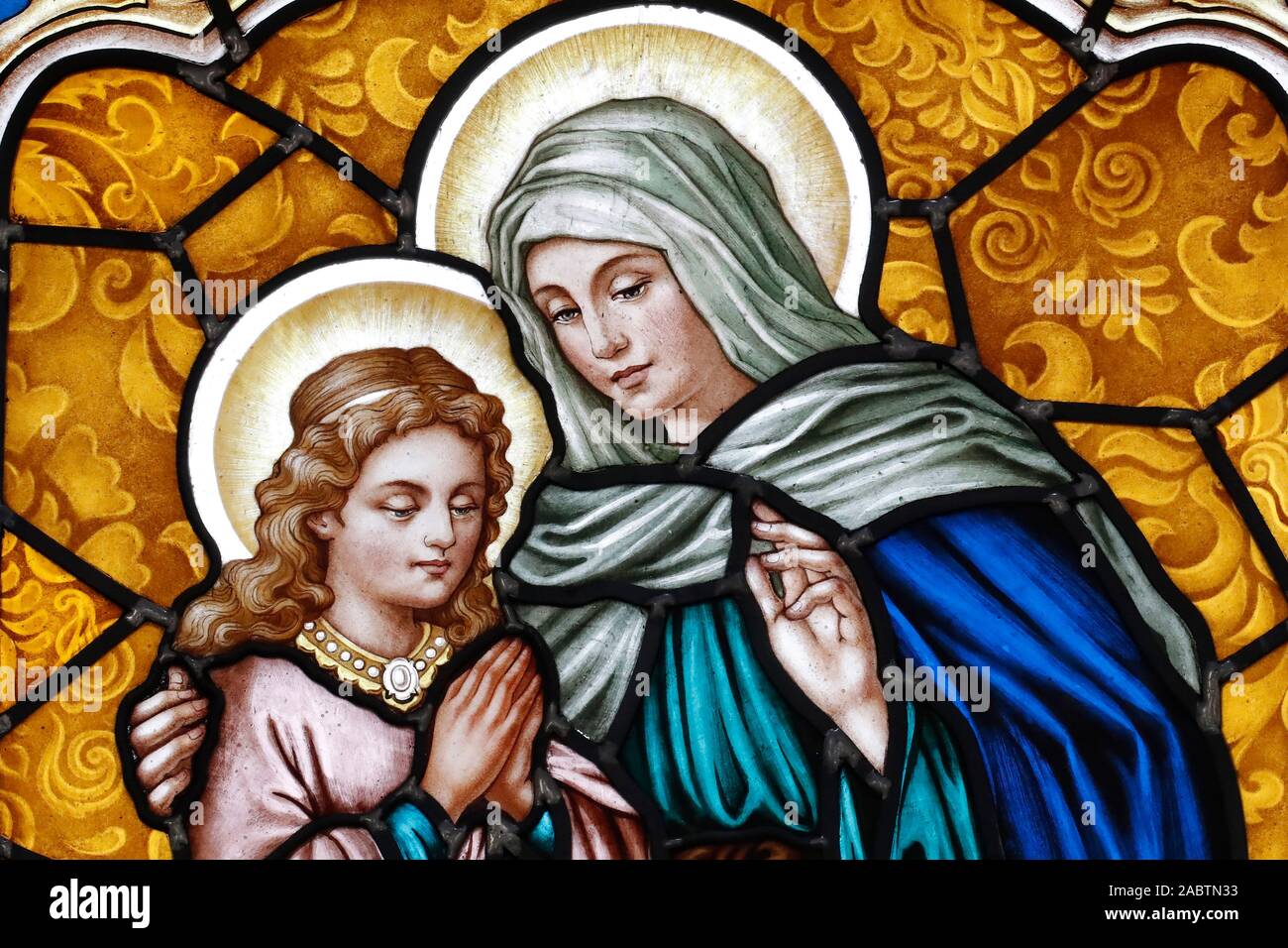 Saint Anne was the mother of Mary.  Stained glass window. Thi Nghe Church.  Ho Chi Minh City. Vietnam. Stock Photo