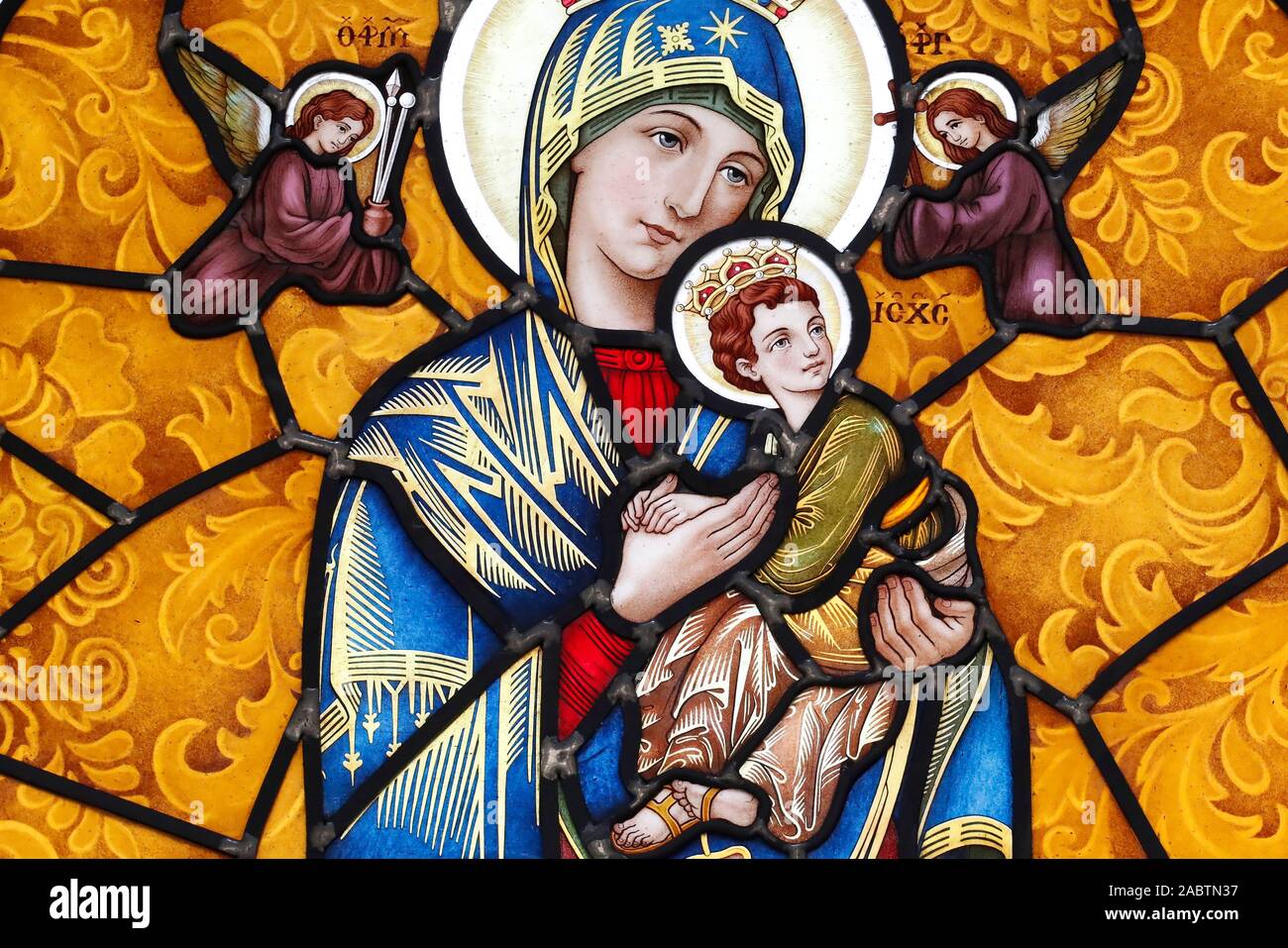 Virgin Mary and child.  Stained glass window. Thi Nghe Church.  Ho Chi Minh City. Vietnam. Stock Photo