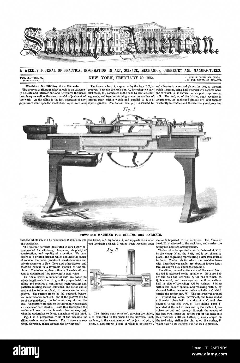 vol. XNo. 8. t Machine for Rifling Gun Barrels. POWERS'S MACHINE FOR RIFLING GUN BARRELS., scientific american, 1864-02-20 Stock Photo