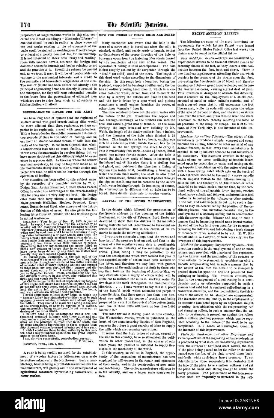 BREECH-LOADING RULES FOR THE ARMY. agricultural resources by furnishing farmers with a bettor market. HOW THE STERNS OF SCREW SHIPS ARE BORED. REVIVAL OF THE COTTON MANUFACTURE. fore. RECENT AMERICAN PATENTS. heavy pressure. The plates made of fine iron some-, scientific american, 64-03-12 Stock Photo