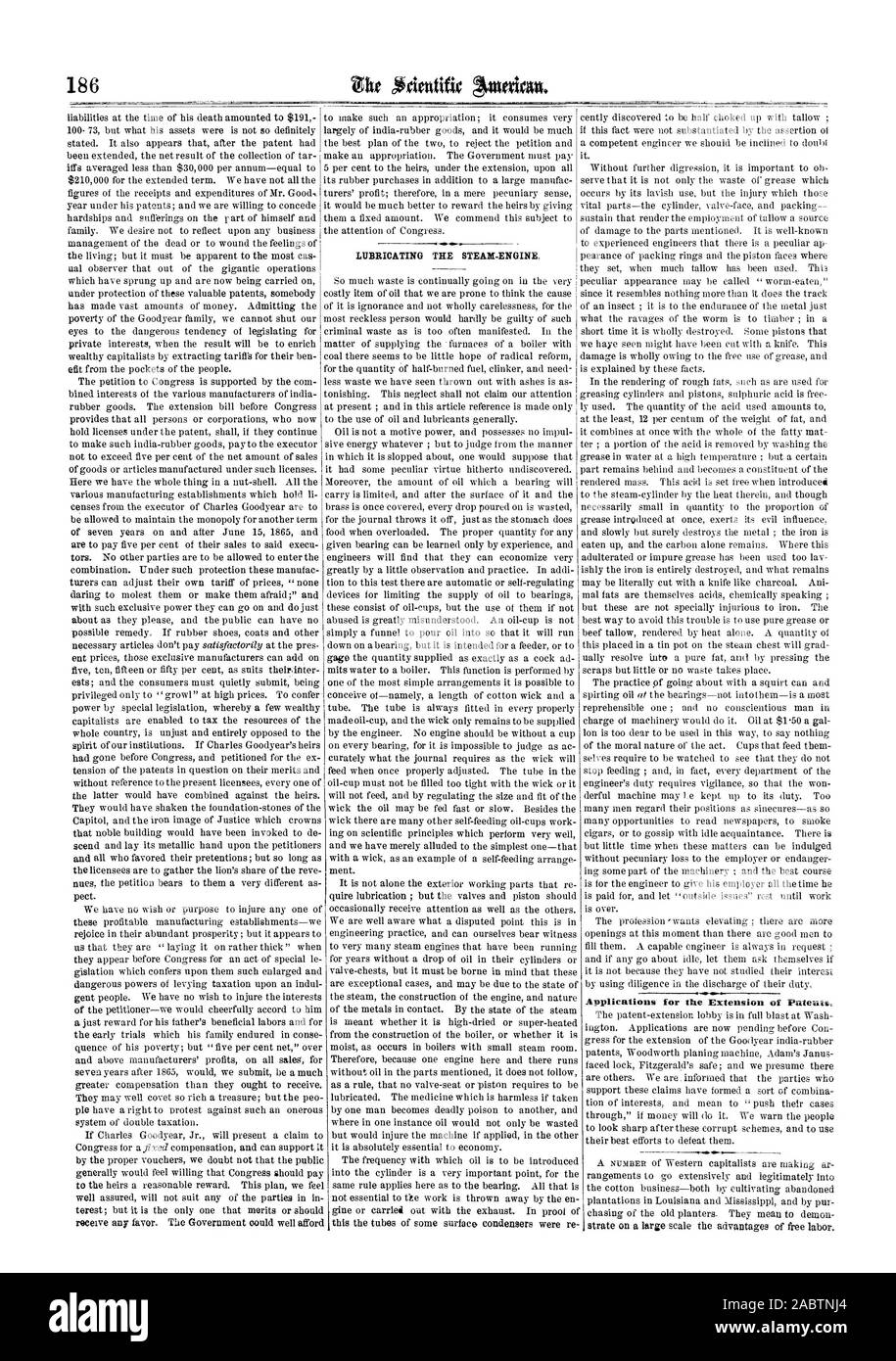 Applications for the Extension of Patents LUBRICATING THE STEAM-ENGINE., scientific american, 1864-03-19 Stock Photo