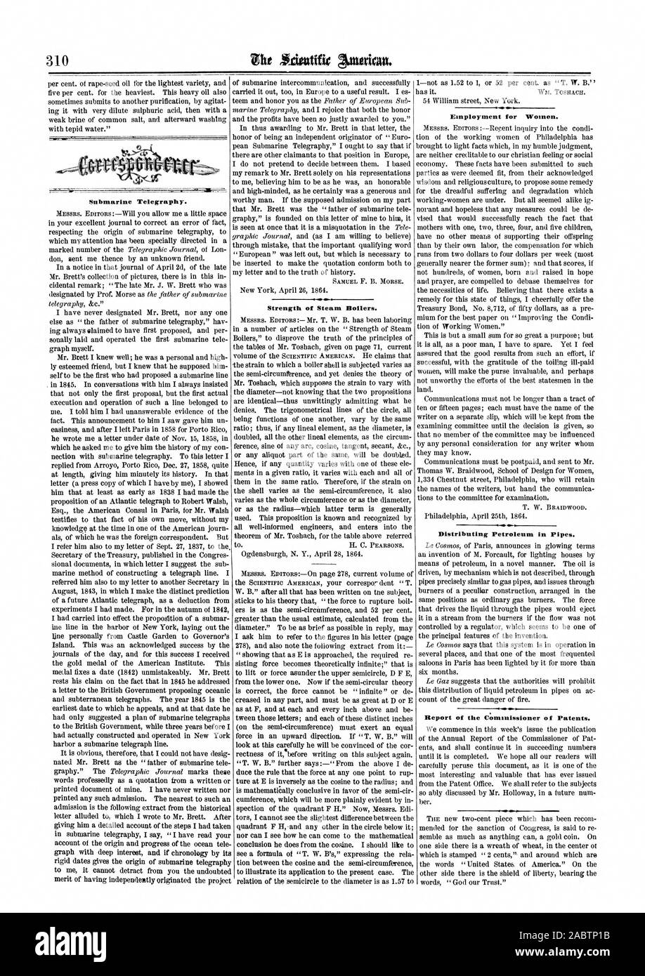Submarine Telegraphy. Strength of Steam Boilers. Employment for Women. Distributing Petroleum in Pipes. Report of the Commissioner of Patents., scientific american, 1864-05-14 Stock Photo