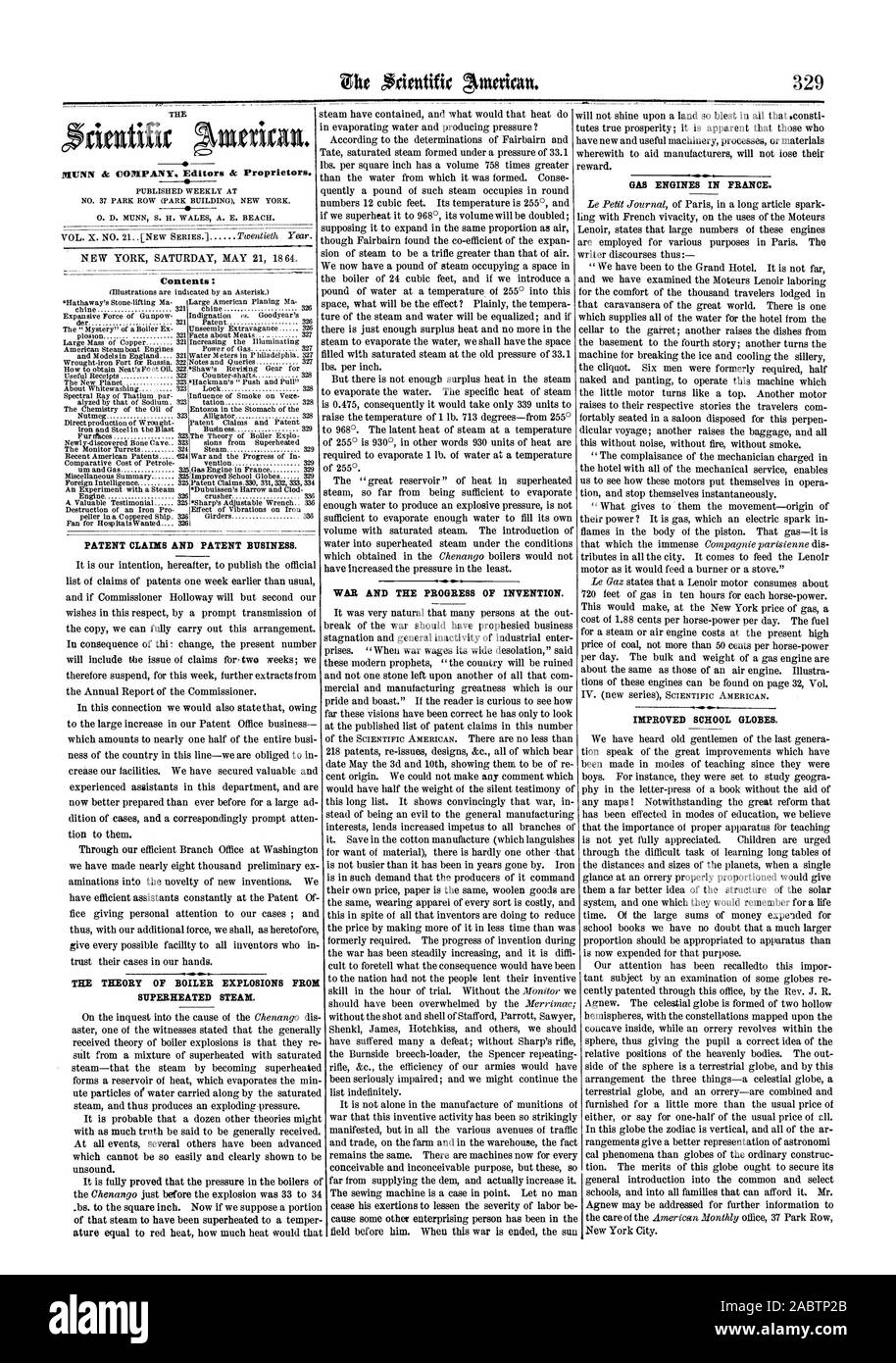 Proprietors. Contents PATENT CLAIMS AND PATENT BUSINESS. WAR AND THE PROGRESS OF INVENTION. THE THEORY OF BOILER EXPLOSIONS FROM SUPERHEATED STEAK IMPROVED SCHOOL GLOBES. GAS ENGINES IN FRANCE., scientific american, 1864-05-21 Stock Photo