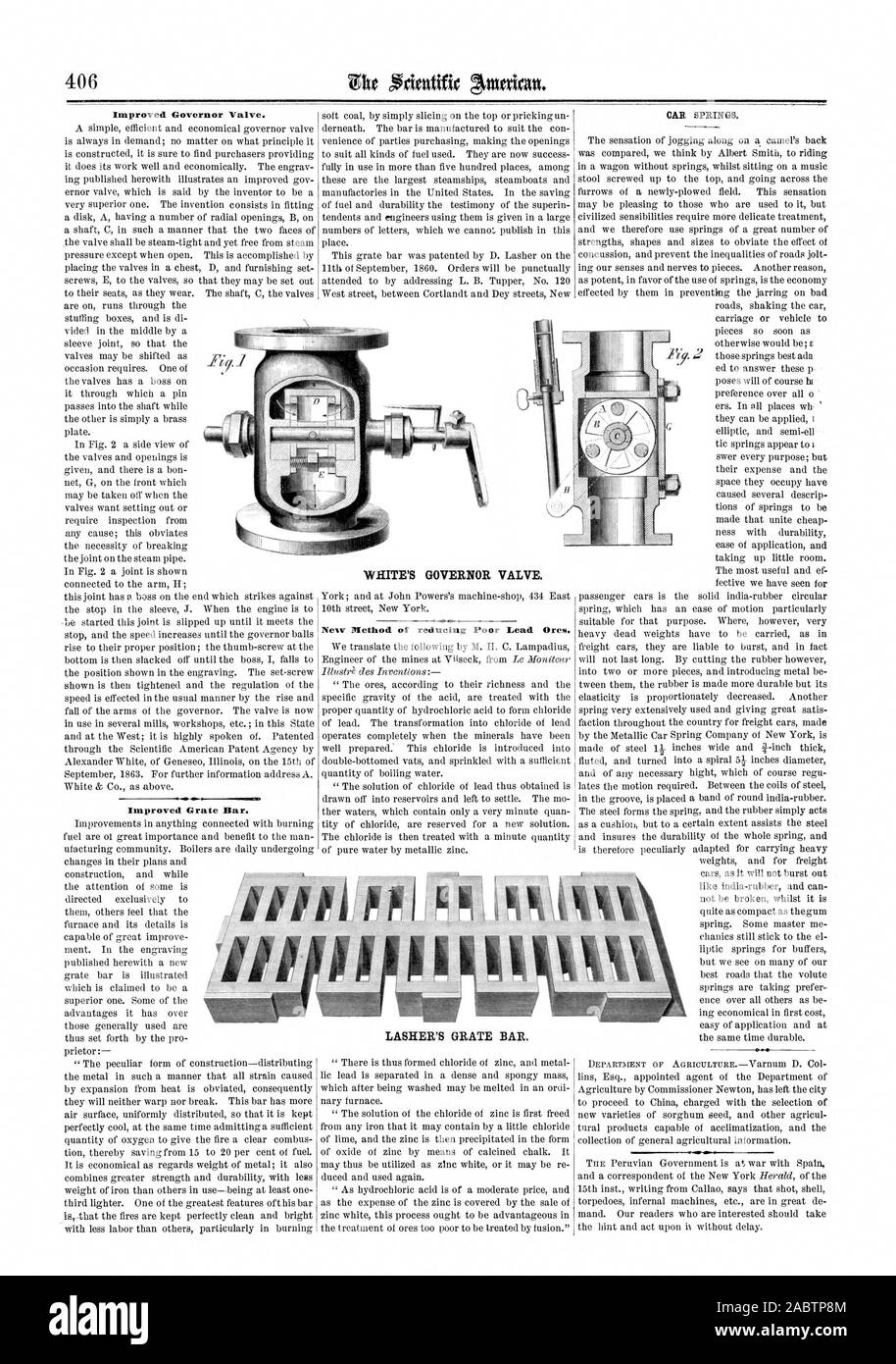 406  Improved Governor Valve. Improved Grate Bar. New Method of reducing Poor Lead Ores. CAR SPRINGS. WHITE'S GOVERNOR VALVE. LASHER'S GRATE BAR., scientific american, 1864-06-25 Stock Photo