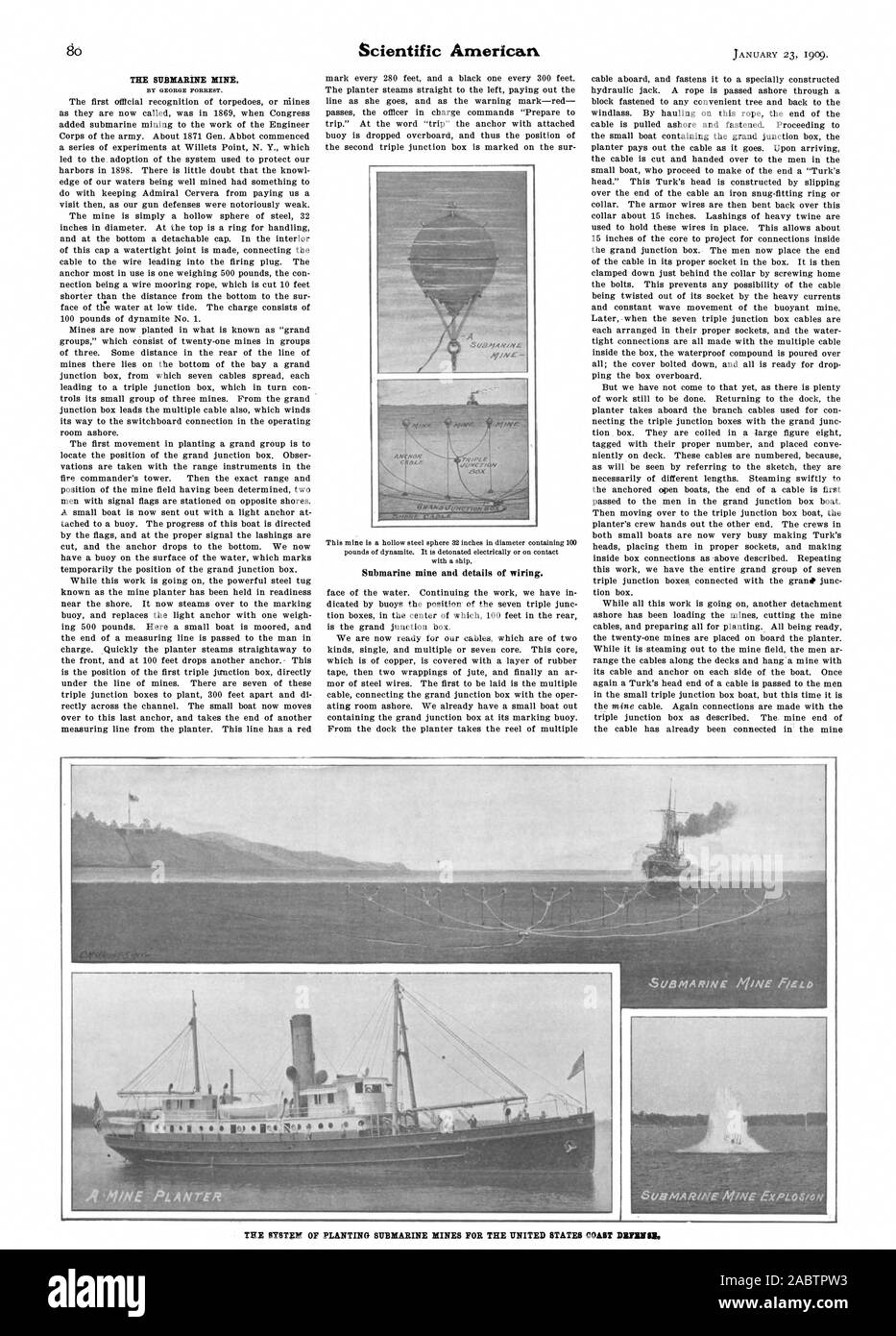 THE SUBMARINE MINE. Scientific American - '.7. AN male Submarine mine and details of wiring., -1909-01-23 Stock Photo