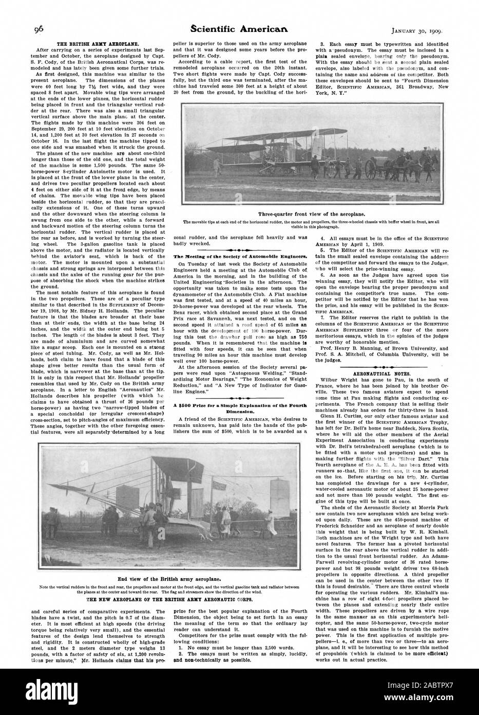 THE BRITISH ARMY AEROPLANE. tions per minute' Ir. Hollands claims that his pre The Meeting of the Society of Automobile Engineers. Dimension. AERONAUTICAL NOTES. End view of the British army aeroplane. THE NEW AEROPLANE OF THE BRITISH ARMY AERONAUTIC CORPS Three-quarter front view of the aeroplane., scientific american, -1909-01-30 Stock Photo