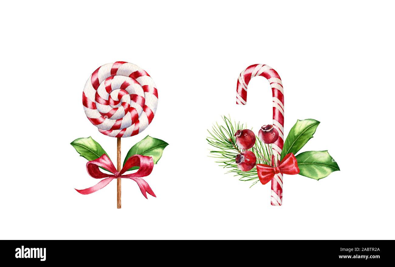 Watercolor lollypop and candy cane with Christmas decor. Hand painted illustration set with red sweets. Food art for winter holiday season, greeting Stock Photo