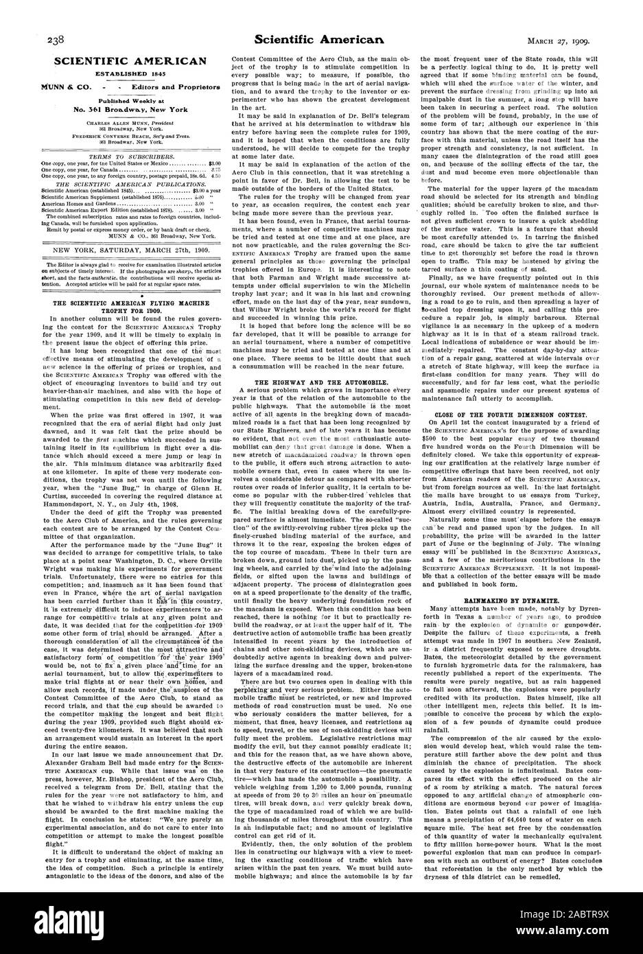 SCIENTIFIC AMERICAN ESTABLISHED 1845 Published Weekly at THE SCIENTIFIC AMERICAN FLYING MACHINE TROPHY FOR 1'909. THE HIGHWAY AND THE AUTOMOBILE. RAINMAKING BY DYNAMITE., -1909-03-27 Stock Photo