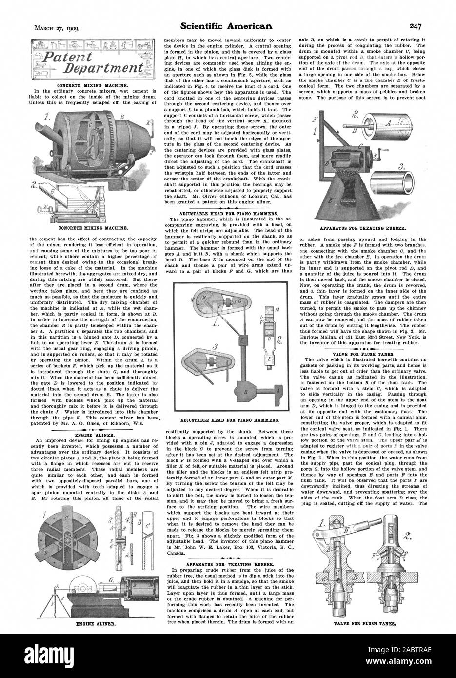 Patent In  ENGINE ALINER. VALVE FOR FLUSH TANKS., scientific american, -1909-03-27 Stock Photo