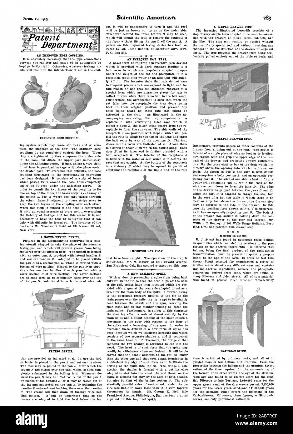 APRIL 10 1909. AN IMPROVED HOSE COUPLING. IMPROVED HOSE COUPLING. FRYING DEVICE. Scientific American AN IMPROVED RAT TRAP. IMPROVED RAT TRAP. A NEW RAILROAD SPIKE. Helium in Hocks. RAILROAD SPIKE., -1909-04-10 Stock Photo