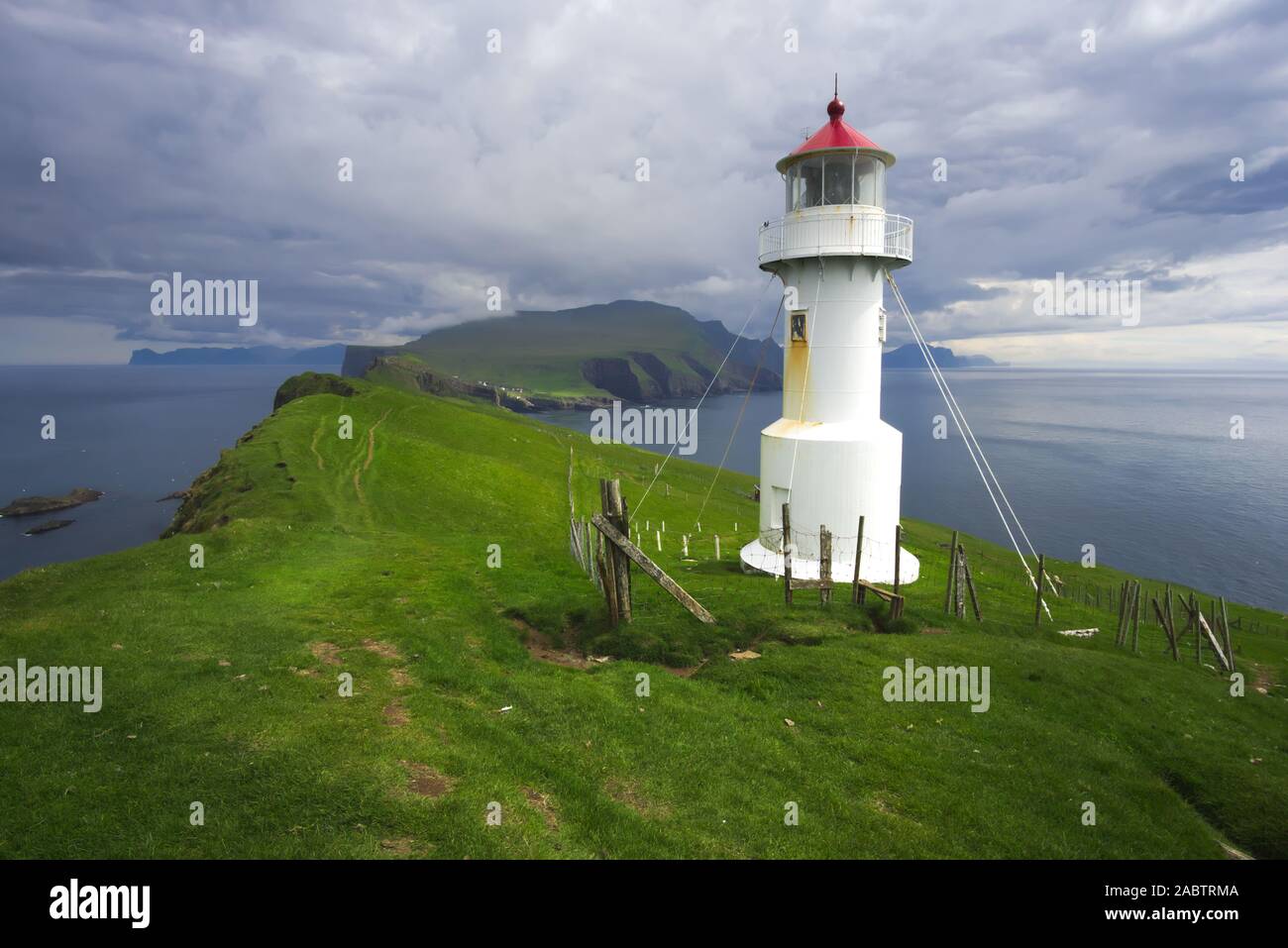 Lighthouse on the island Mykines, the Faroe Islands Stock Photo