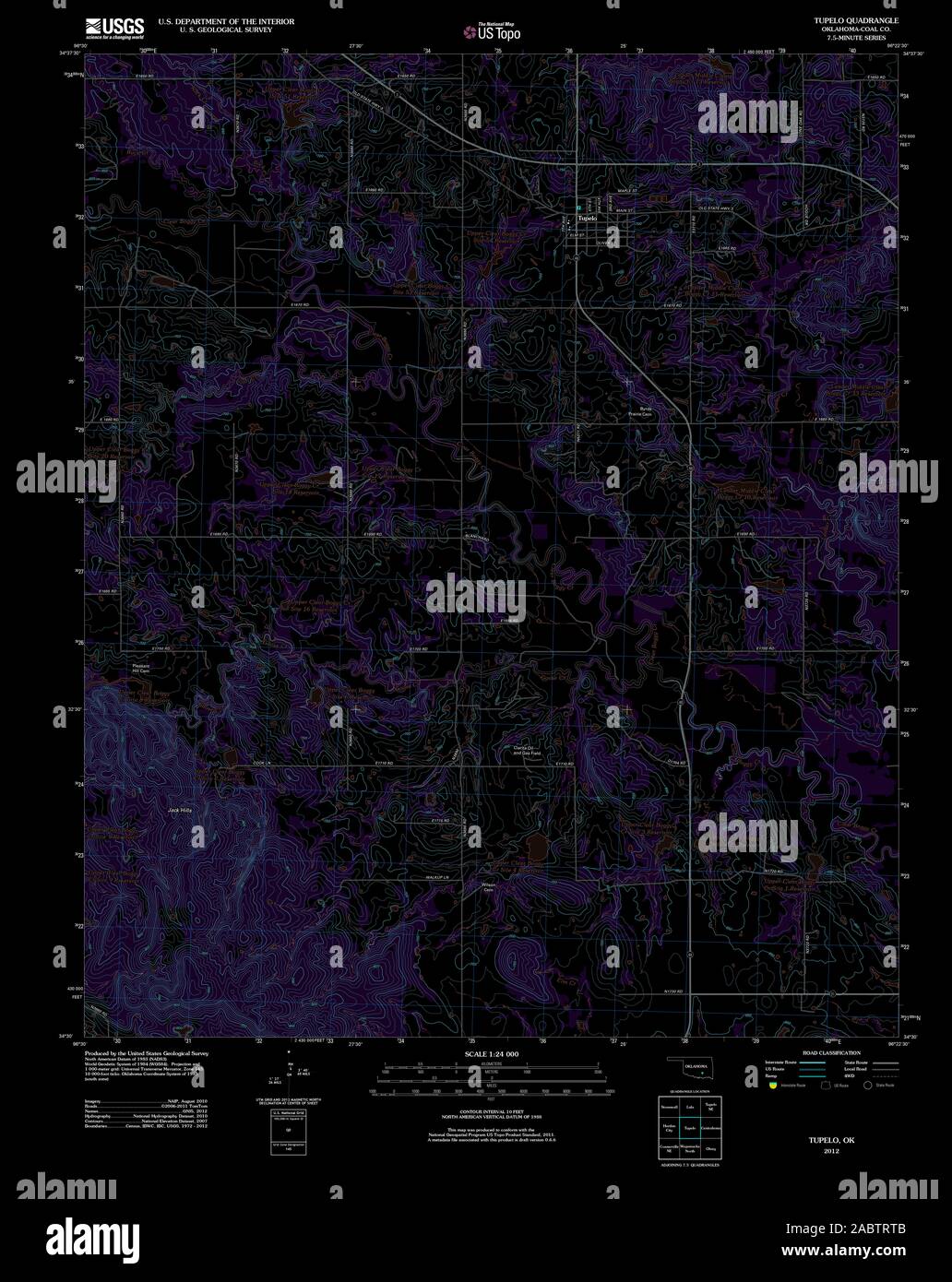 USGS TOPO Map Oklahoma OK Tupelo 20121114 TM Inverted Restoration Stock Photo