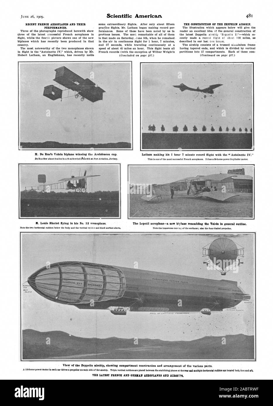 M. De Rue's Voisin biplane winning the Archdeacon cup. M. Louis Bleriot flying in his No. 12 monoplane. Latham making his 1 hour 7 minute record flight with the 'Antoinette IV.' The Lepetil aeroplane—a new biplane resembling the Votigin in general outline. View of the Zeppelin airship showing compartment construction and arrangement of the various parts. THE LATEST FRENCH AND GERMAN AEROPLANES AND AIRSHIPS., scientific american, -1909-06-26 Stock Photo