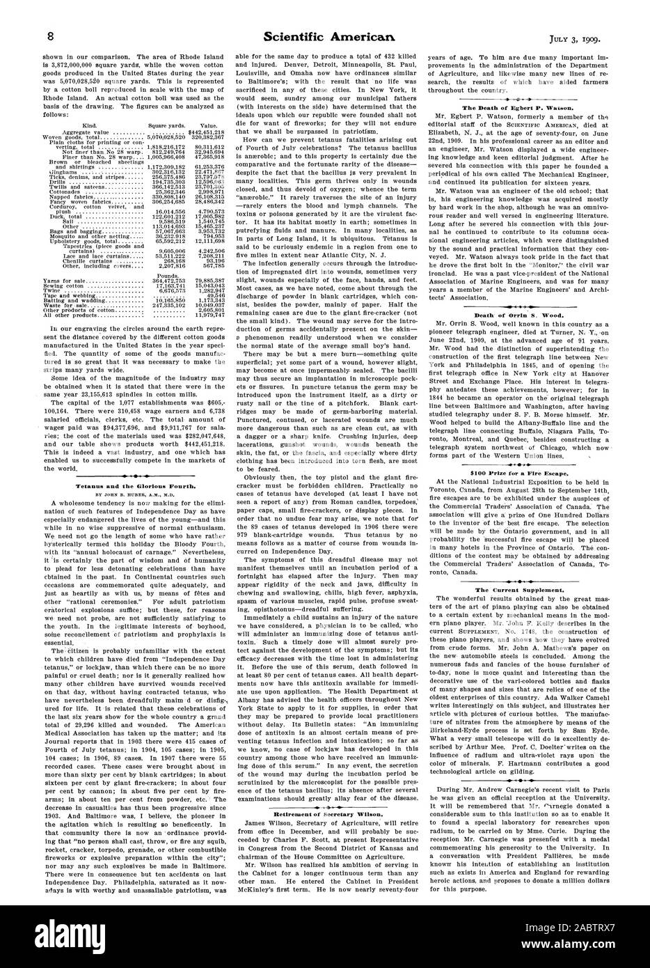 Tetanus and the Glorious Fourth. BY JOHN B. HUBER A.M. M.D. Retirement of Secretary Wilson. The Death of Egbert P. Watson. Death of Orrin S. Wood. The Current Supplement., scientific american, -1909-07-03 Stock Photo