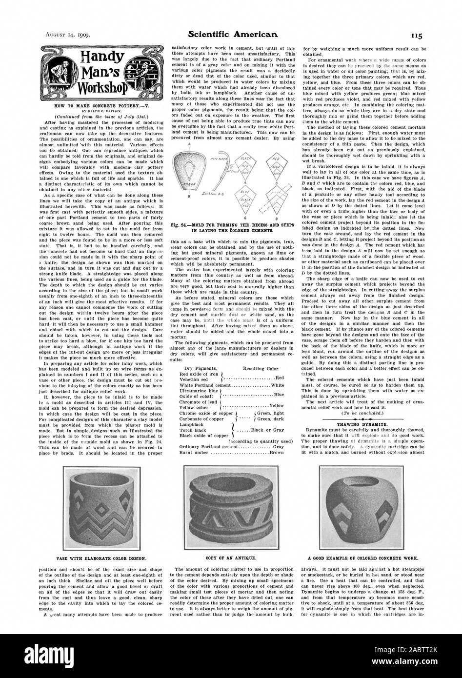 HOW TO MAKE CONCRETE POTTERYV. Fig. 24MOLD FOR FORMING THE RECESS AND STEPS IN LAYING THE 60LORED CEMENTS. THAWING DYNAMITE. VASE WITH ELABORATE COLOR DESIGN. COPY OF AN ANTIQUE. A GOOD EXAMPLE OF COLORED CONCRETE WORK., scientific american, -1909-08-14 Stock Photo