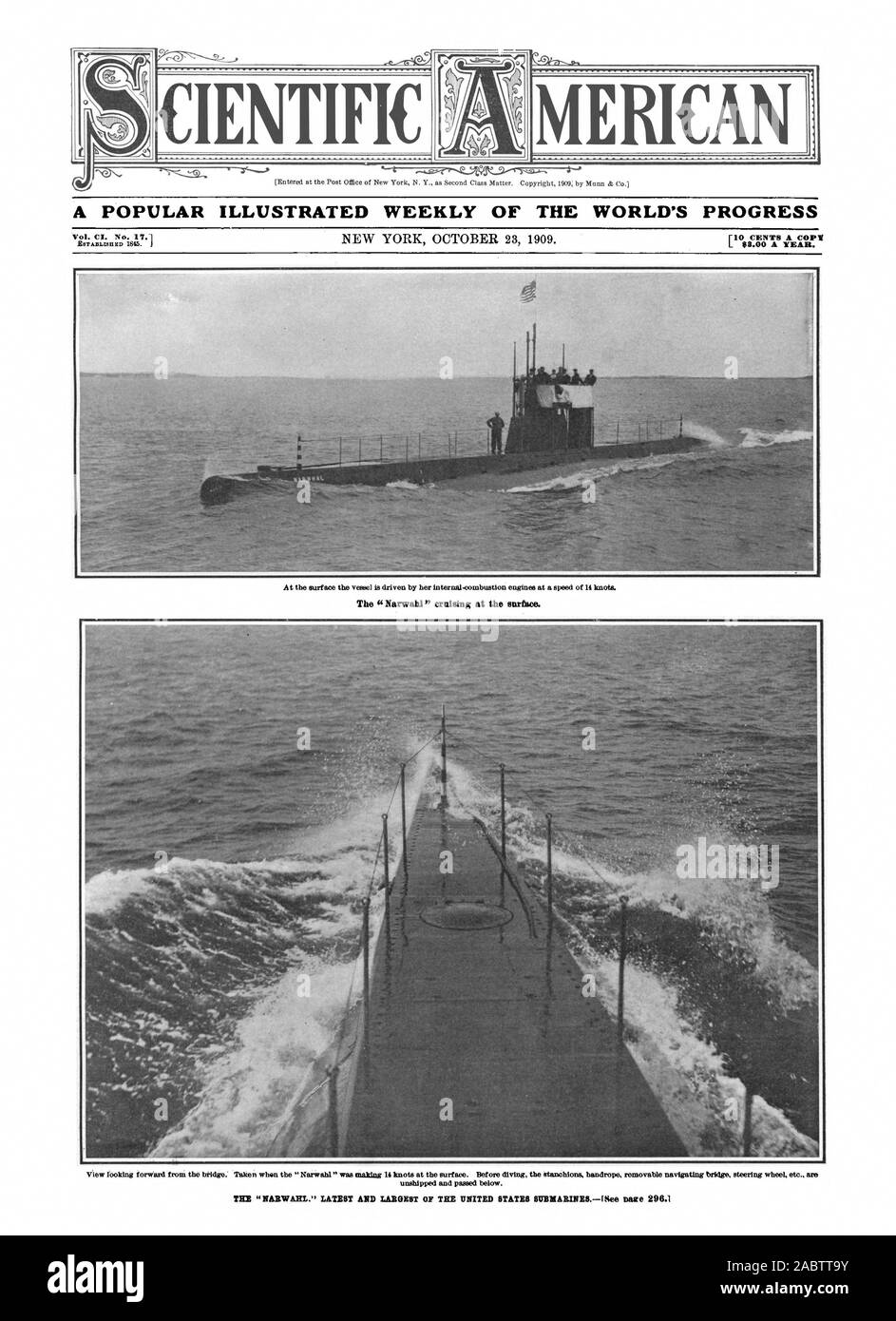 CIENTIFIC MERICAN The ' Narwahl' cruising at the surface. A POPULAR ILLUSTRATED WEEKLY OF THE WORLD'S PROGRESS, scientific american, -1909-10-23, submarine Stock Photo