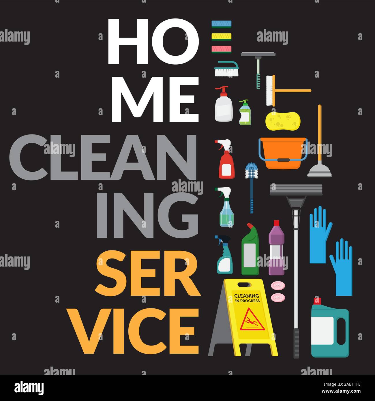 vector set of household supplies cleaning product , tools of house cleaning isolated on black background. template with copy space for text and logo f Stock Vector