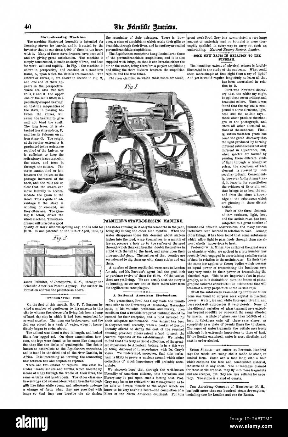 Stave.drensing Machine. HYBERNATING FISH. A National American Herbarium. SOME NEW FACTS IN RELATION TO THE SUNBEAM. PALMITER'S STAVE-DRESSING MACHINE., scientific american, 64-07-16 Stock Photo
