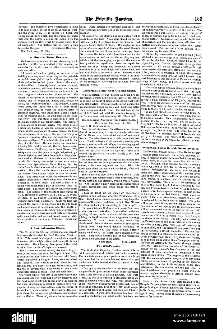 A New Submarine [Boat. Important Letter from General Grant. Telegraph Across British North America. A Singular Steam Engine., scientific american, 64-09-17 Stock Photo