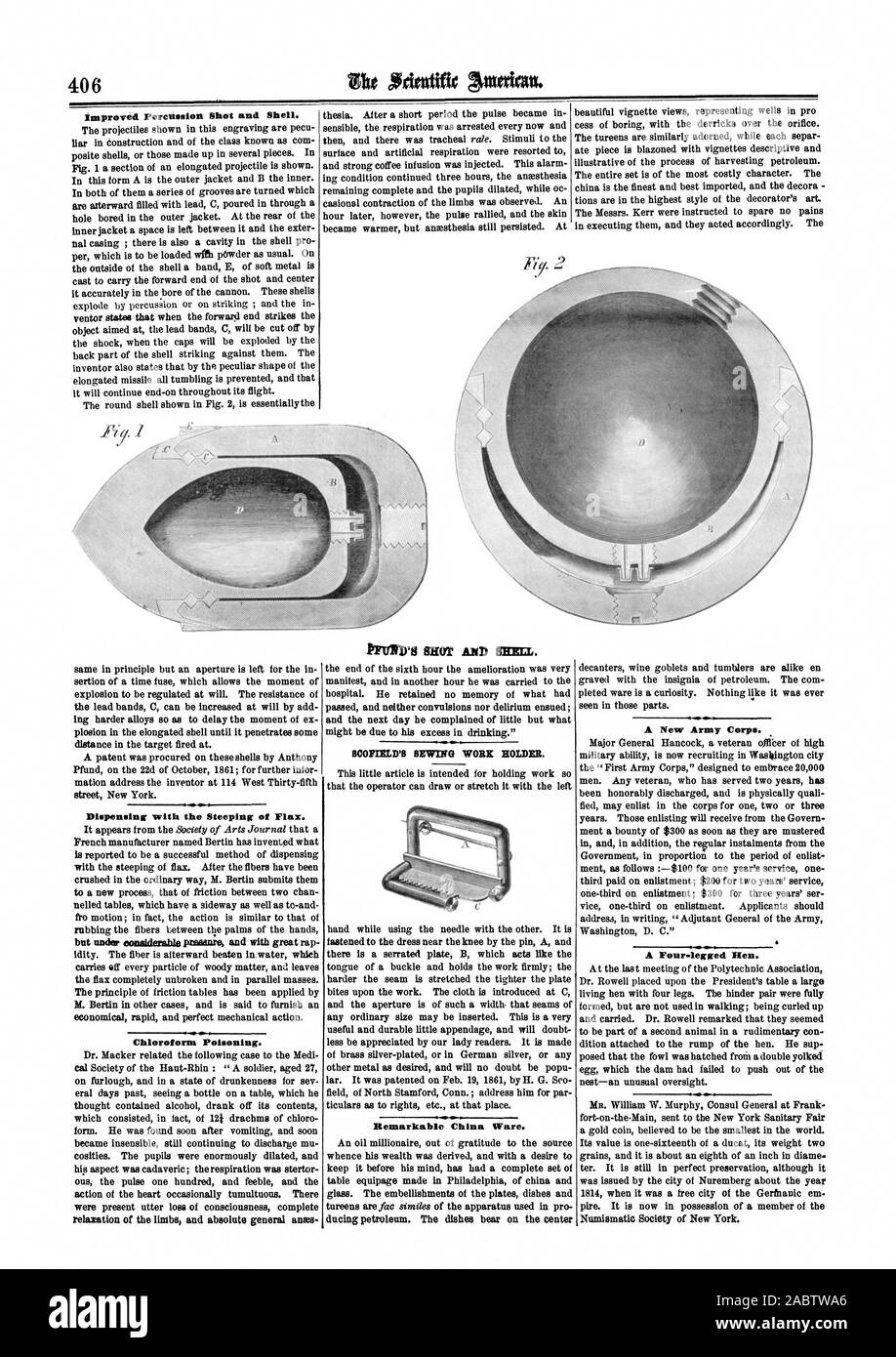 406 Improved Percussion Shot and Shell. Dispensing with the Steeping of Flax. Chloroform Poisoning. SCOFIELD'S SEWING WORK HOLDER. Remarkable China Ware. A New Army Corp, scientific american, 64-12-24 Stock Photo