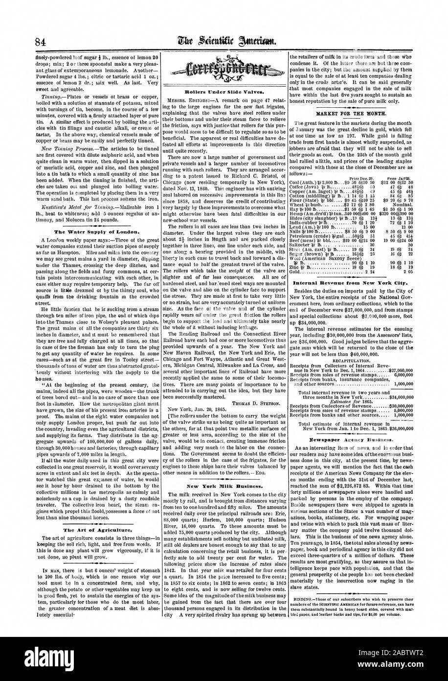 The Water Supply of Loudon. street. The Art of Agriculture. Rollers Under Slide Valves. New York Milk Business. MARKET FOR THE MONTH. Internal Revenue from New York City. Newspaper Agency Business., scientific american, 1865-02-04 Stock Photo