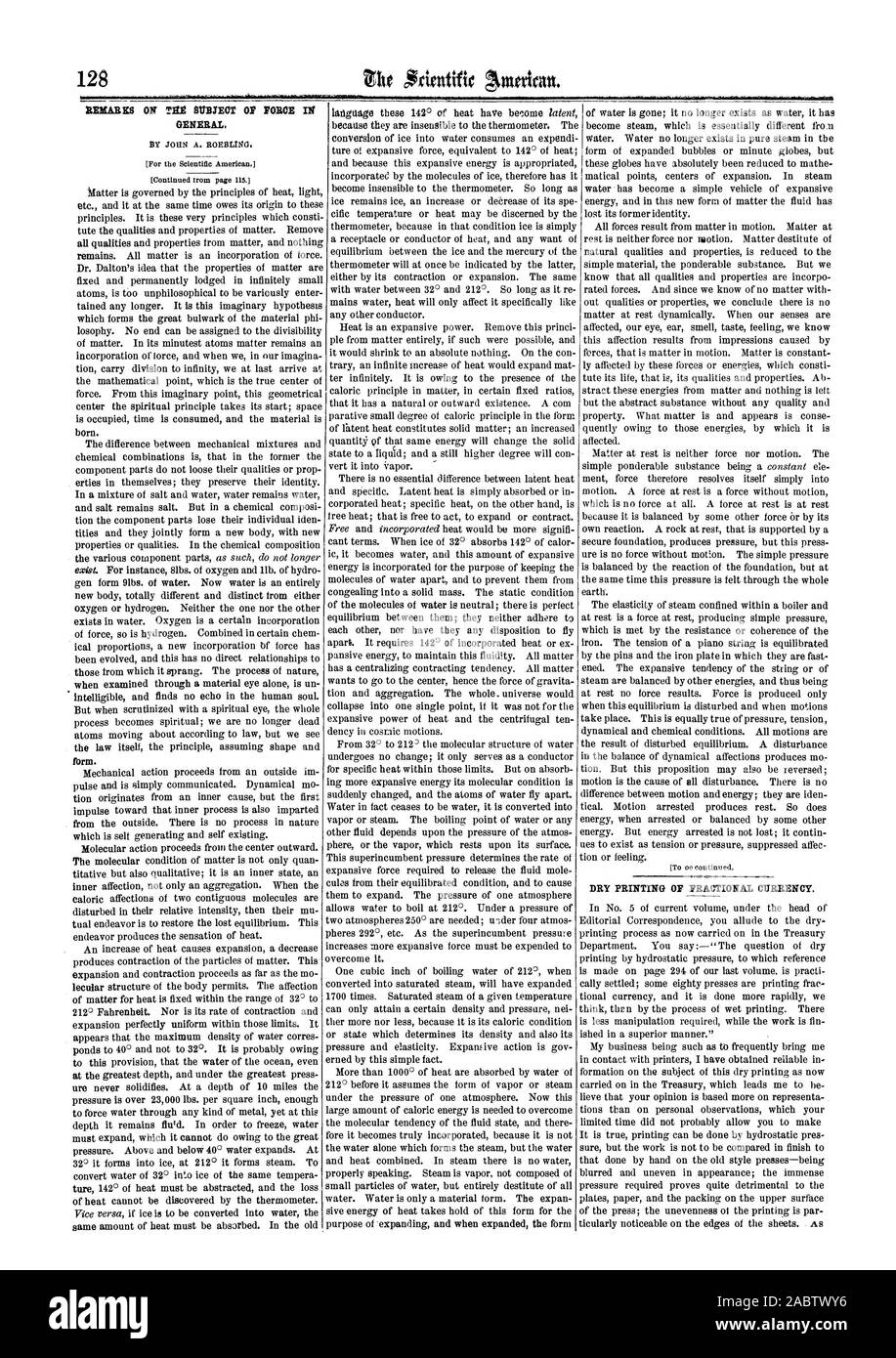 It is true printing can be done by hydrostatic pres sure but the work is not to be compared in finish t that done by hand on the old style presses—being blurred and uneven in appearance; the immense pressure required proves quite detrimental to the plates paper and the packing on the upper surface of the press; the unevenness of the printing is par-, scientific american, 1865-02-25 Stock Photo